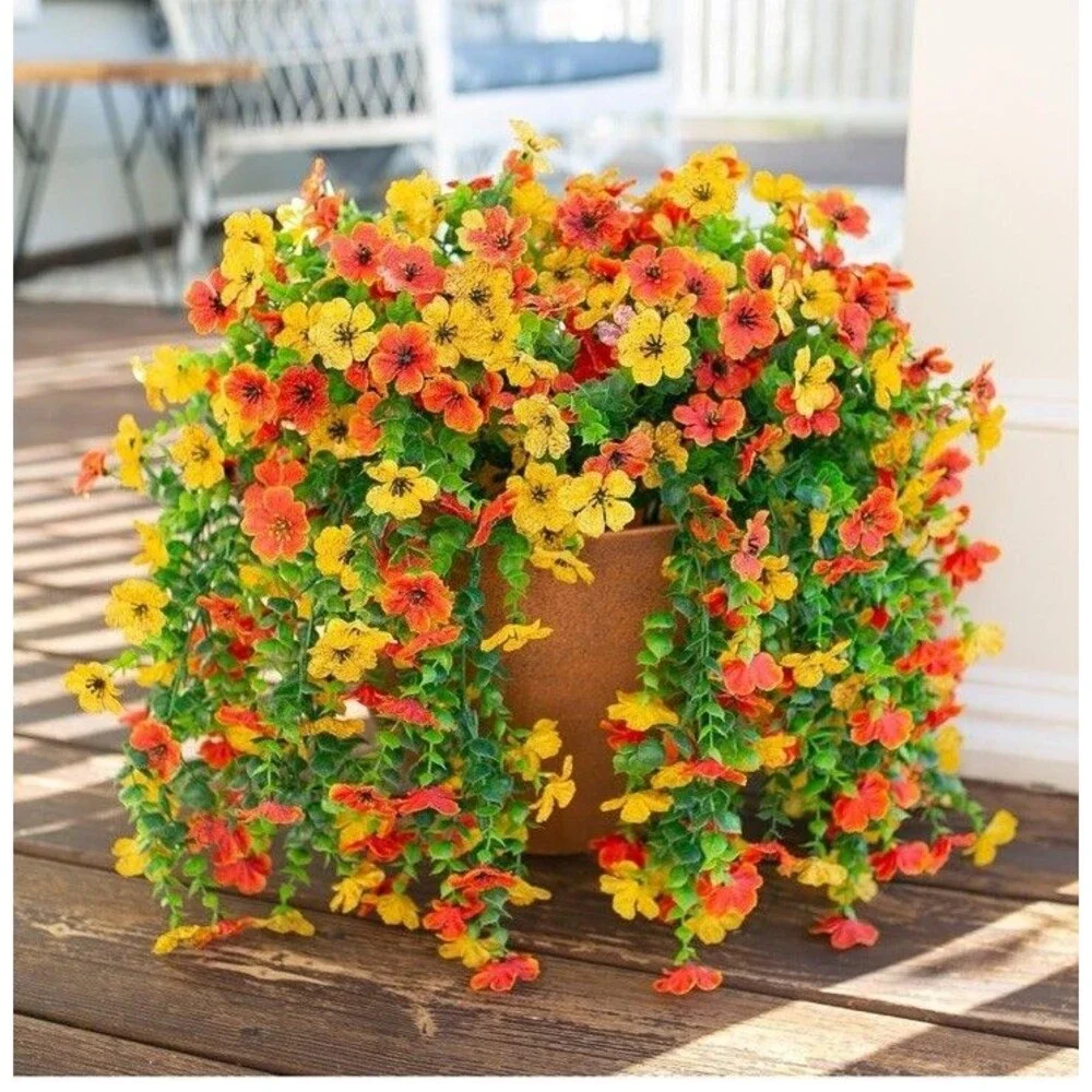 6pcs Artificial Flowers Plastic Hanging Plants Outdoor Porch Yellow & Orange